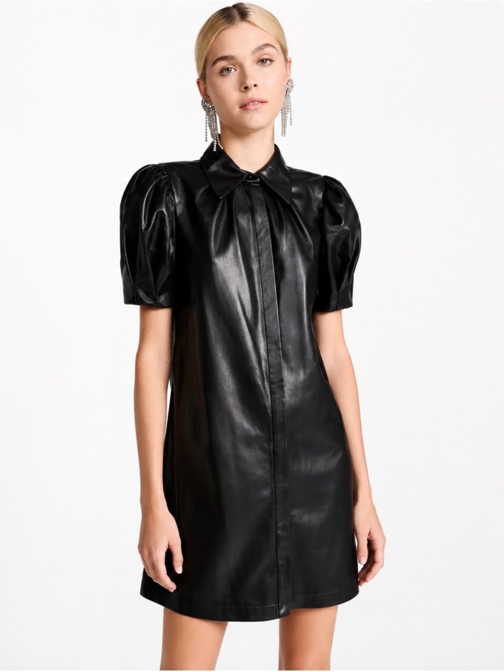 Alice + Olivia Black Faux Leather Puff-Sleeve Mini Dress